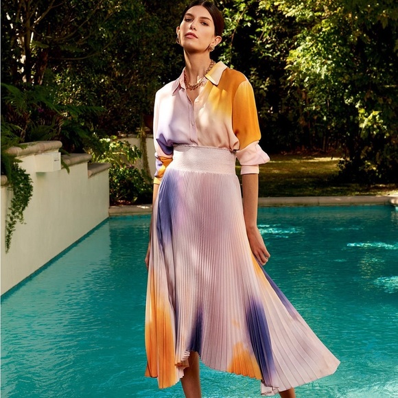 A.L.C. / Sonali ombre pleated midi dip dye shark bite hem skirt L Large - Picture 7 of 7